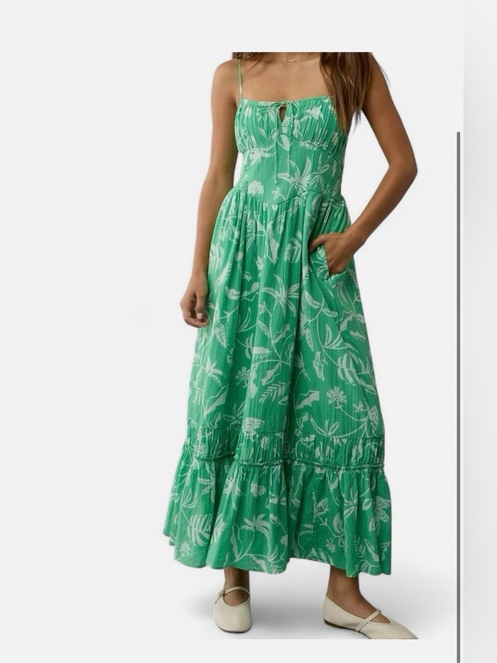 American Eagle Outfitters Green Floral Maxi Dress with White Leaf Print
